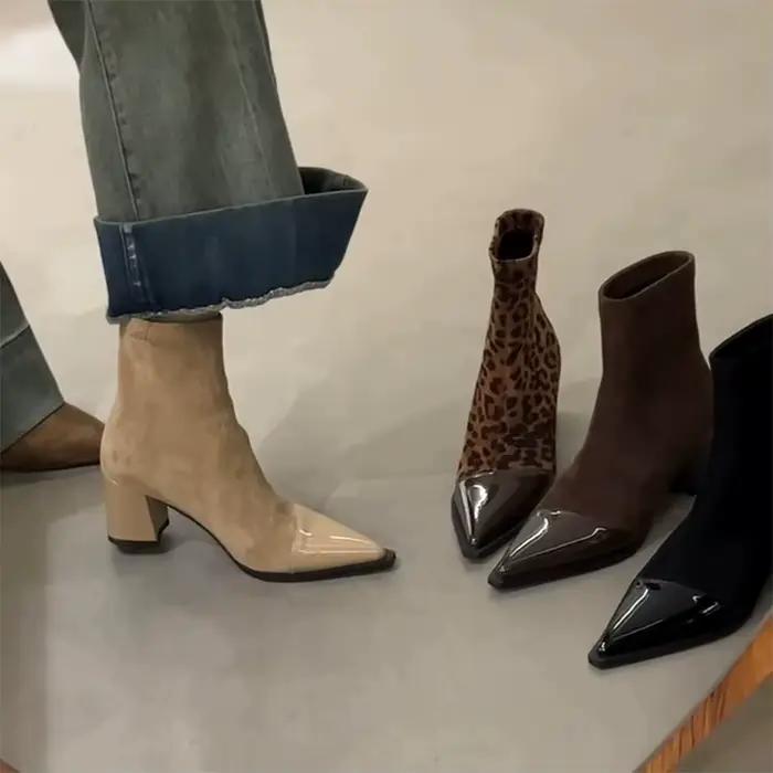 Bottines courtes élastiques fines de style français pour femmes, bottes à talon épais et à bout poin