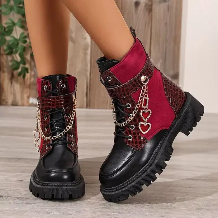 Bottes pour femmes, bottes de créateur avec chaîne en métal, fermeture éclair latérale, bottines à p