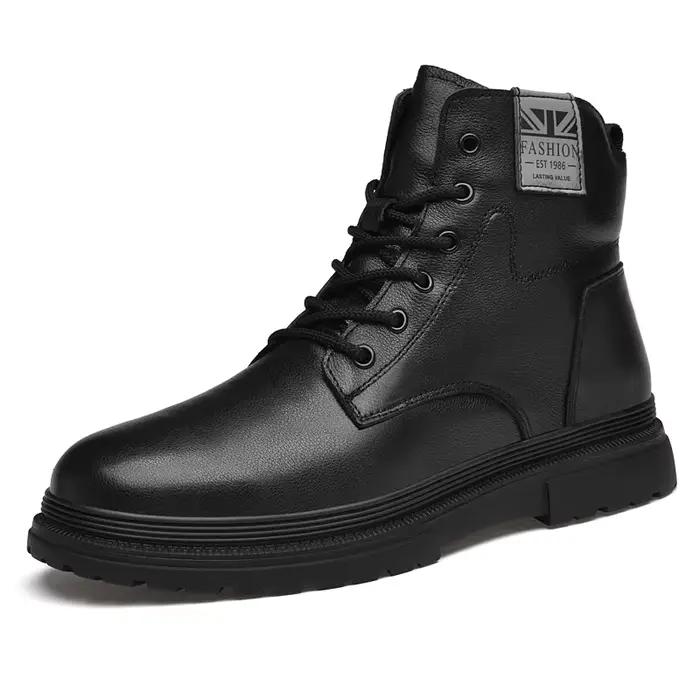 Bottes noires en cuir véritable pour hommes, chaussures hautes à lacets, bottes d'hiver en coton pou