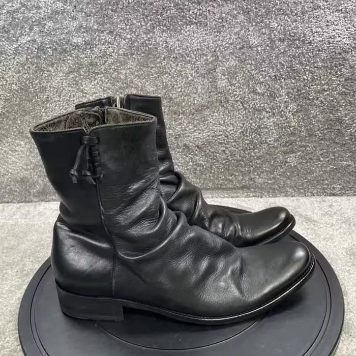 Bottes de moto vintage en cuir noir pour hommes, bottines à bout rond avec fermeture éclair latérale