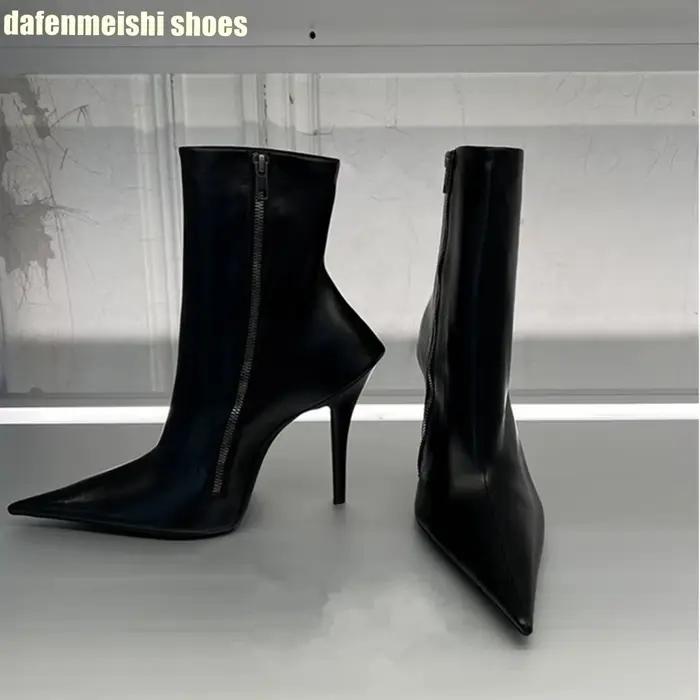 Bottes courtes à bout pointu avec fermeture éclair latérale, nouveau Style, bottes de moto en cuir n