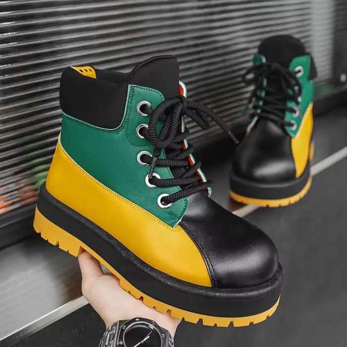 Bottes à lacets pour hommes, à semelle épaisse antidérapante, à blocs de couleur, décontractées, pou