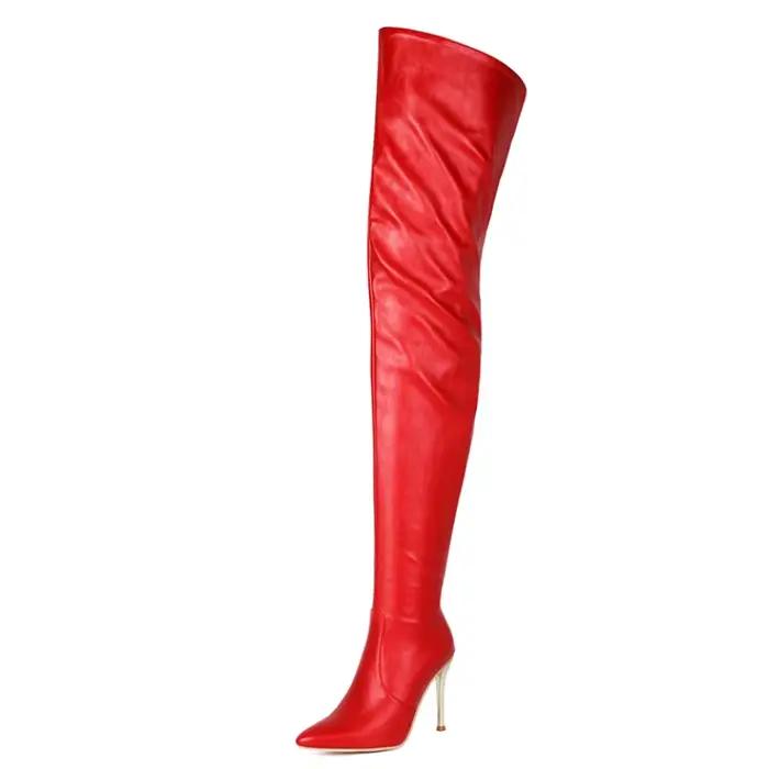 Bottes au dessus élastiques Beige rouge pour femmes, cuissardes hautes blanches, chaussures hautes e