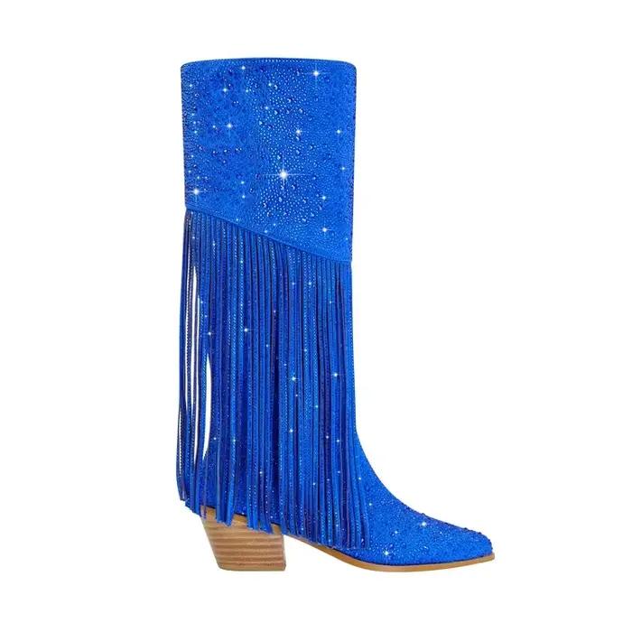 Bottes en biscuits longueur genou pour femmes, glands pointus à fermeture éclair, bottes brillantes,