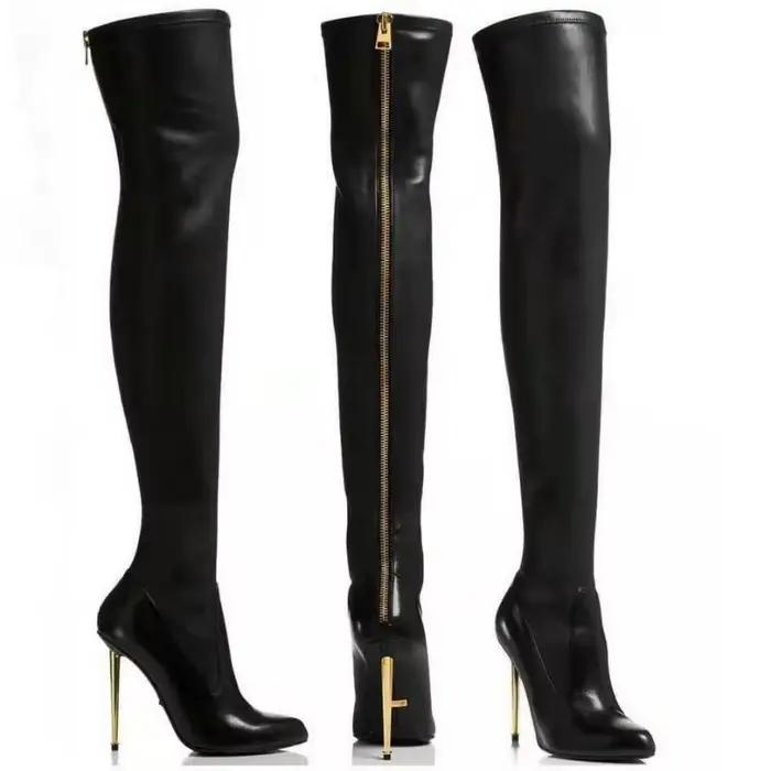 Bottines pour femmes, talons aiguilles, sexy, grande taille, bottes au-dessus du genou, fermeture éc