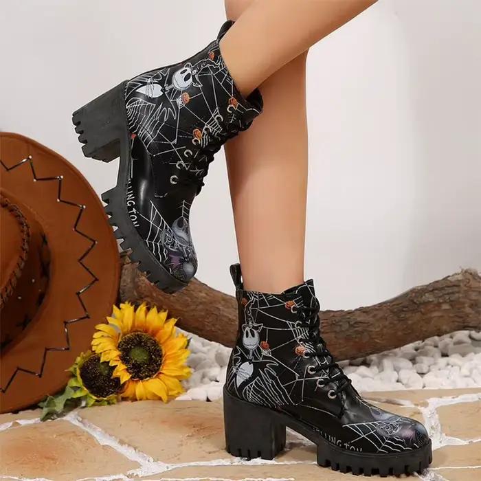 Bottines à plateforme d'halloween pour femmes, bottes imprimées de citrouille et de crâne de dessin 