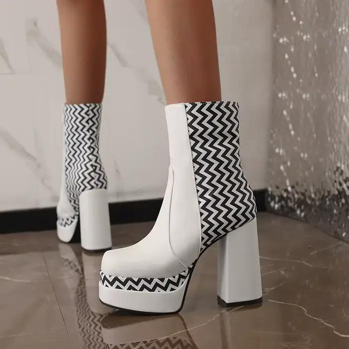 Bottes Courtes à Rayures Imprimées de Style Coréen pour Femme, Chaussures à Plateforme, Très Hautes 