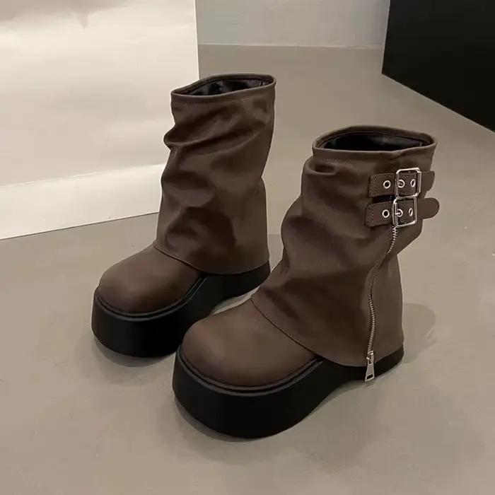 Nouvelles bottes de motard pour femmes, design tendance, boucle de ceinture, plateforme, bottes haut