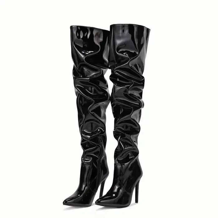 Bottes pour femmes sur le genou brillant plissé bottes à talons hauts fermeture éclair latérale femm
