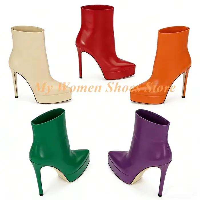 Bottines à plateforme à bout pointu, talon aiguille fin, marron mat, noir, orange, couleur unie, cha