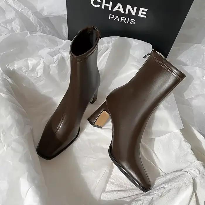Bottines courtes marron en velours à talons grossiers, bottines françaises et fermeture éclair au do