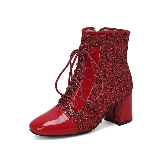 Bottines à paillettes scintillantes pour femme, talons épais, or, argent, taille à lacets, fermeture