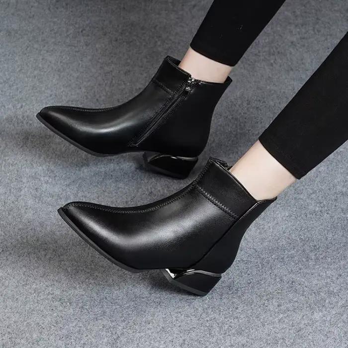 Nouvelles Bottes Femme 2026 – Bottines en Cuir Tendance Décontractées à Bout Pointu, Chaussures Habi