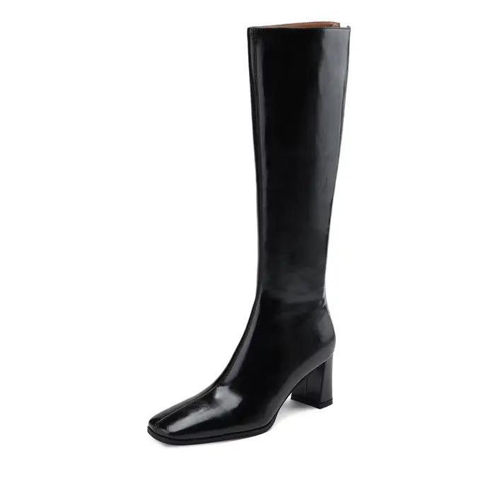 Femmes bottes droites Vintage en cuir de vache longue botte de chevalier talon carré genou bottes ha