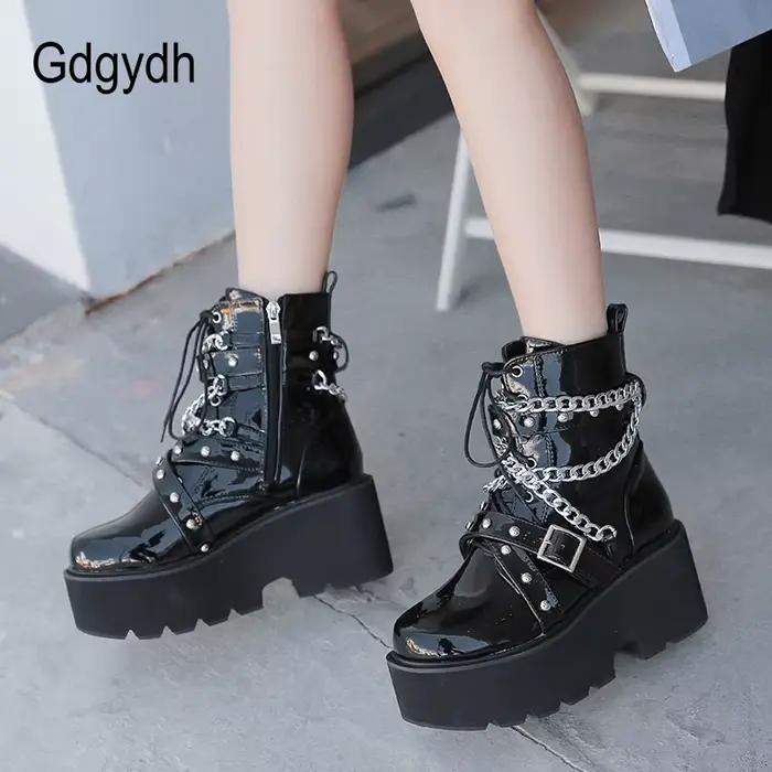 Gdgydh – bottes à chaîne Sexy pour femme, avec boucle de cheville, talon carré, semelle épaisse, Sty