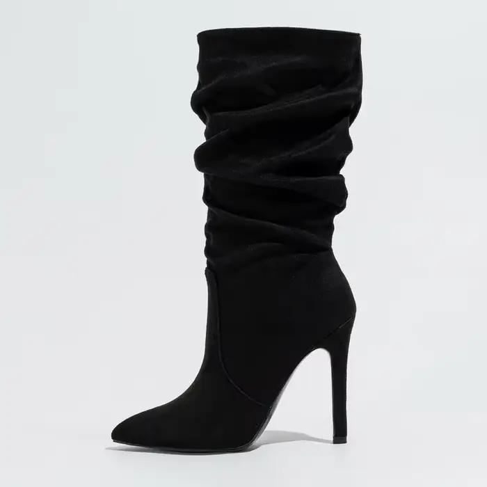 Bottes plissées mi-mollet pour femmes, talon haut et fin, avocat, boîte de nuit en plein air, soirée