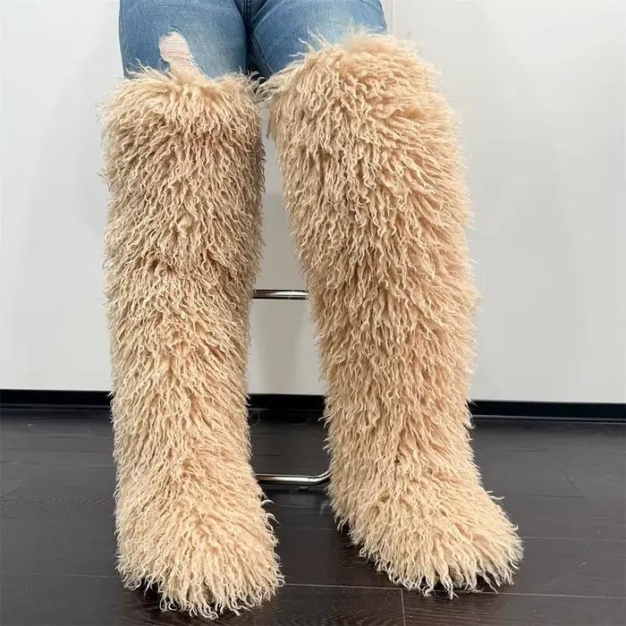 Femmes Faux renard cuissardes fausse fourrure bottes hiver chaud avec fourrure à l'intérieur nouveau