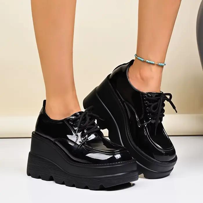 Nouvelles Bottines Compensées Noires à Plateforme pour Femme 2026 – Chaussures Oxford Gothiques à La