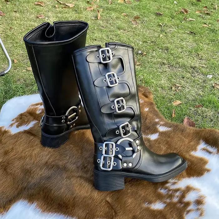 Bottes simples à talon chaton pour femme, bout carré, rivets, boucle en métal, antidérapantes, résis