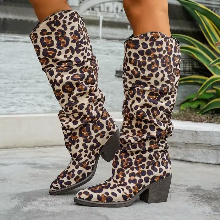 Bottes empilables élégantes à talons carrés, nouvelles bottes hautes pointues imprimées léopard, ant