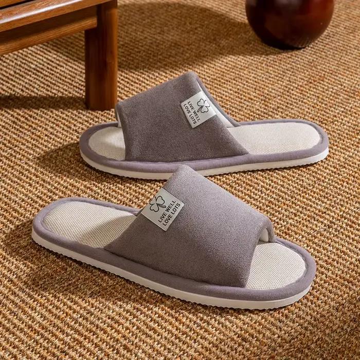 Pantoufles en lin à bout ouvert pour femmes, respirantes, pieds Non pliés, sol en bois, antidérapant