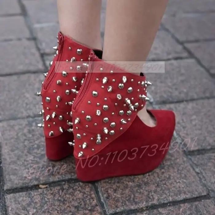 Bottes compensées à plateforme pour femmes, en daim rouge, à bout rond, avec clous argentés et desig