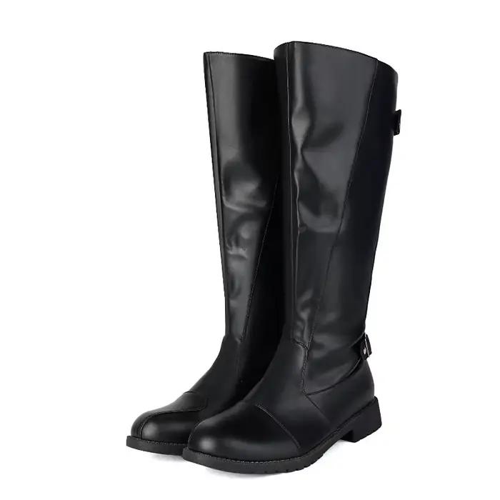 Bottes hautes pour hommes avec boucle de ceinture, bottes longues à bout rond, talon épais, bottes m