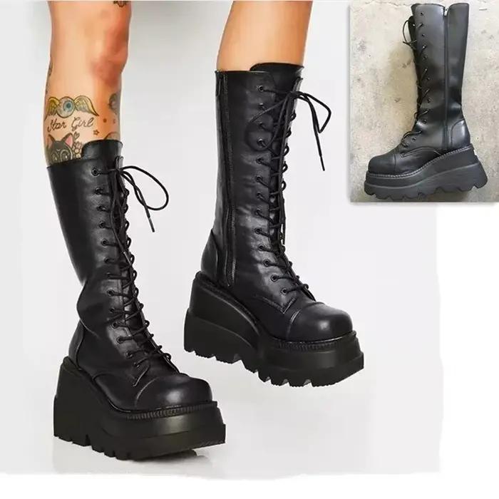 Bottes à plateforme punk pour femmes, microcarence élastique, talon épais, mi-mollet, dames, marque,