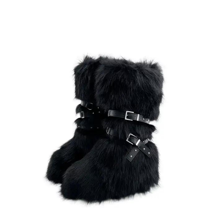 Faux fourrure genou-haute botte bout rond hauteur augmentant sauvage hiver plus chaud boucle de cein