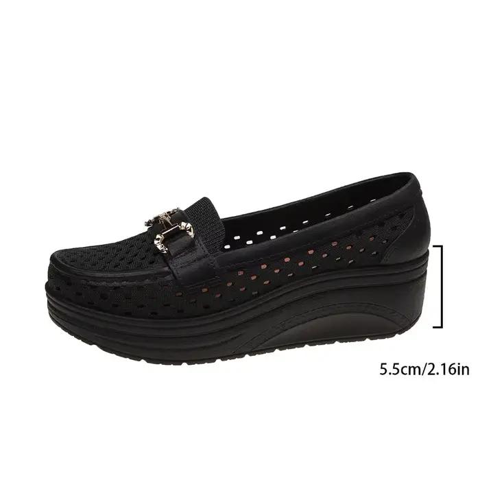 Mocassins compensés évidés pour femmes, à enfiler, avec boucle métallique, plateforme épaisse, confo