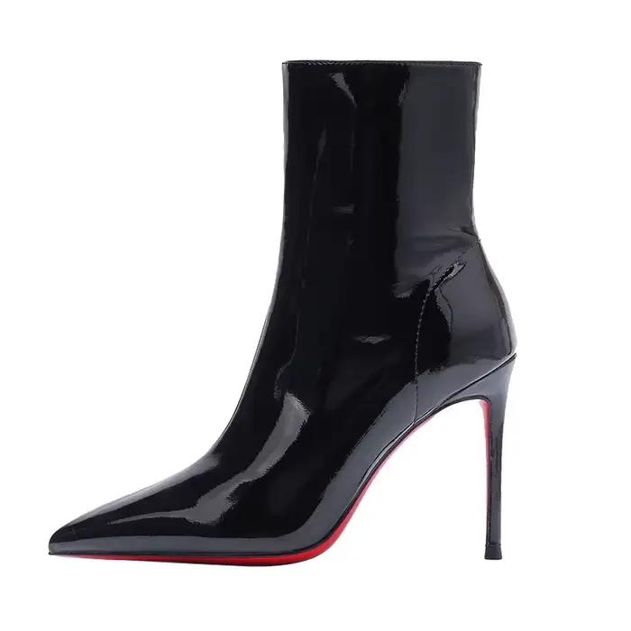 Bottines noires pour femmes, automne-hiver, en cuir verni, talons aiguilles, bout pointu, coupe ajus