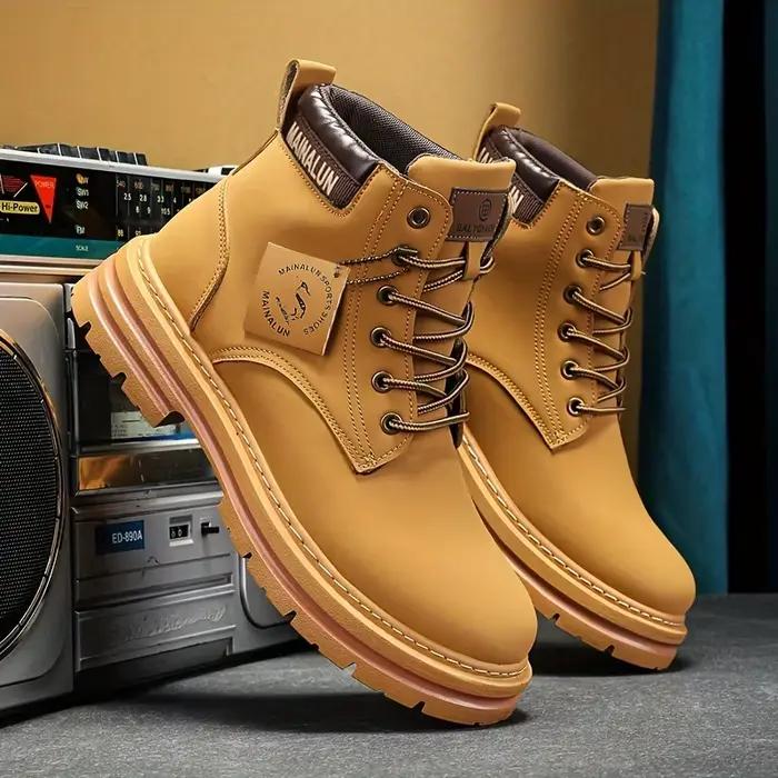 Bottes à lacets robustes, 1 paire de bottes à lacets robustes à tige haute |   Tout-terrain, PU/Tiss