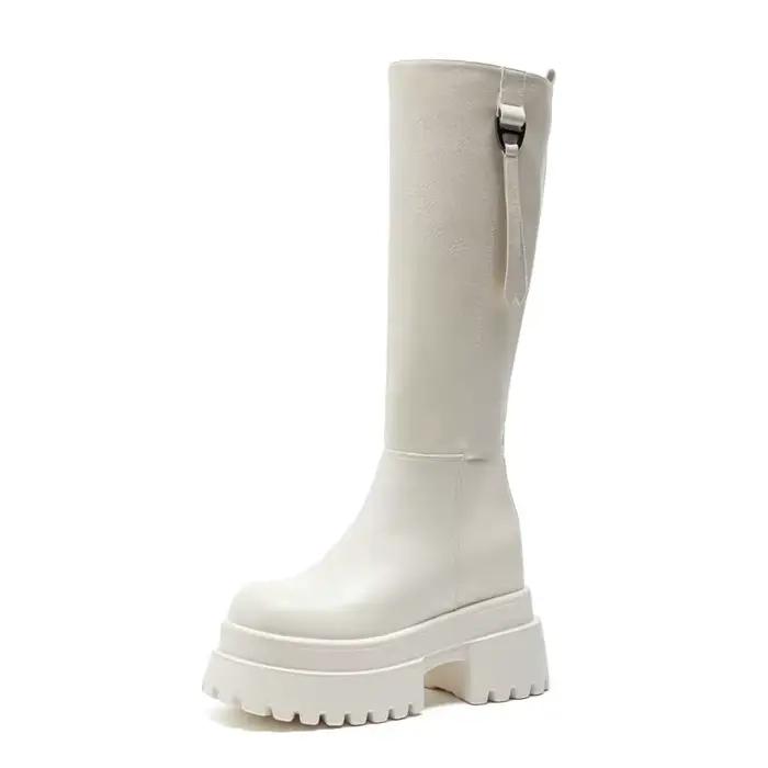 Fujin 10 cm femmes bottes hautes en cuir véritable plate-forme bottes talon épais mode équitation hi