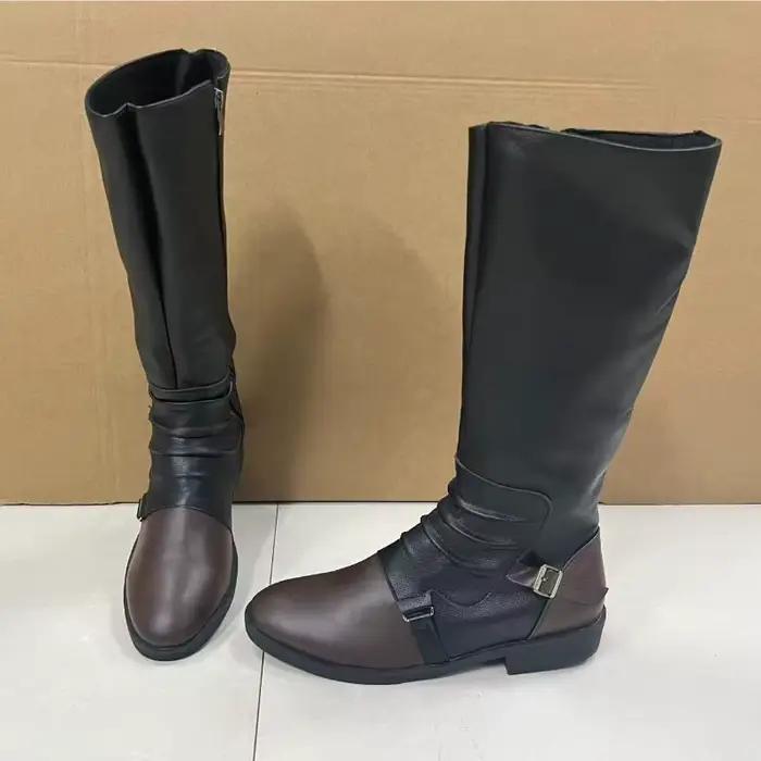 Bottes pour hommes en cuir PU mi-mollet bottes rétro en plein air hommes bottes de moto plate-forme 
