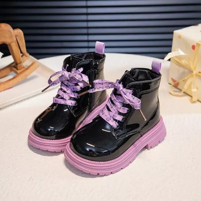 Bottes en cuir brillant pour petites filles, avec lacet coloré, doublées en peluche, antidérapantes,