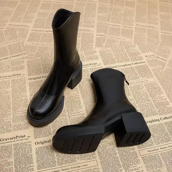 Chaussures élégantes à talons mi-mollet pour femmes, demi-bottes à talons hauts, noires, en offre, n