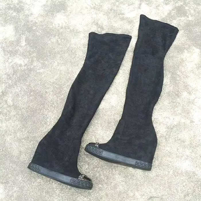 Cuissardes Parker en cuir suédé noir pour femme, talon compensé intérieur augmenté, à enfiler sur le