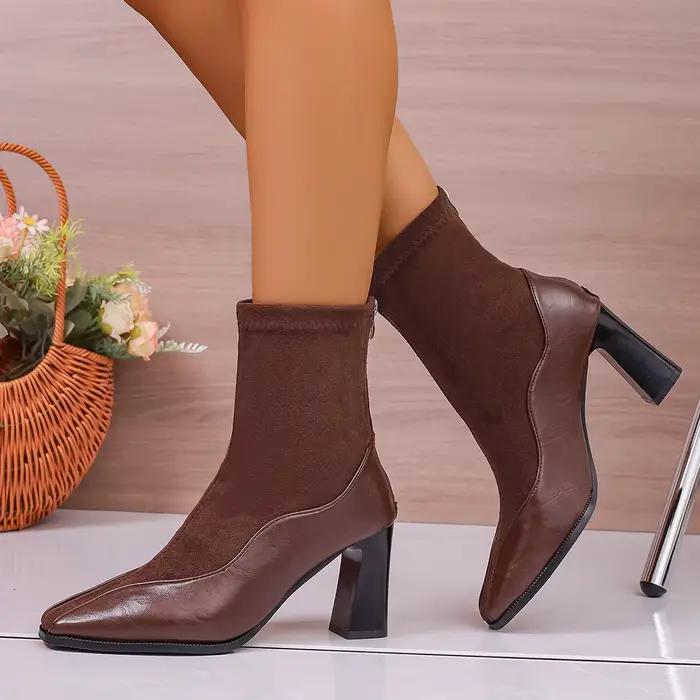 Bottes fines élastiques rétro françaises pour femmes, bottes courtes à talons hauts avec fermeture é