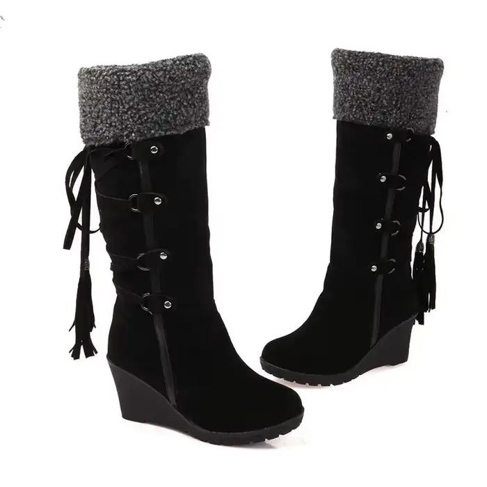 Bottines à tube haut avec pompon en dentelle au dos, pour temps enneigé, talon incliné de grande tai