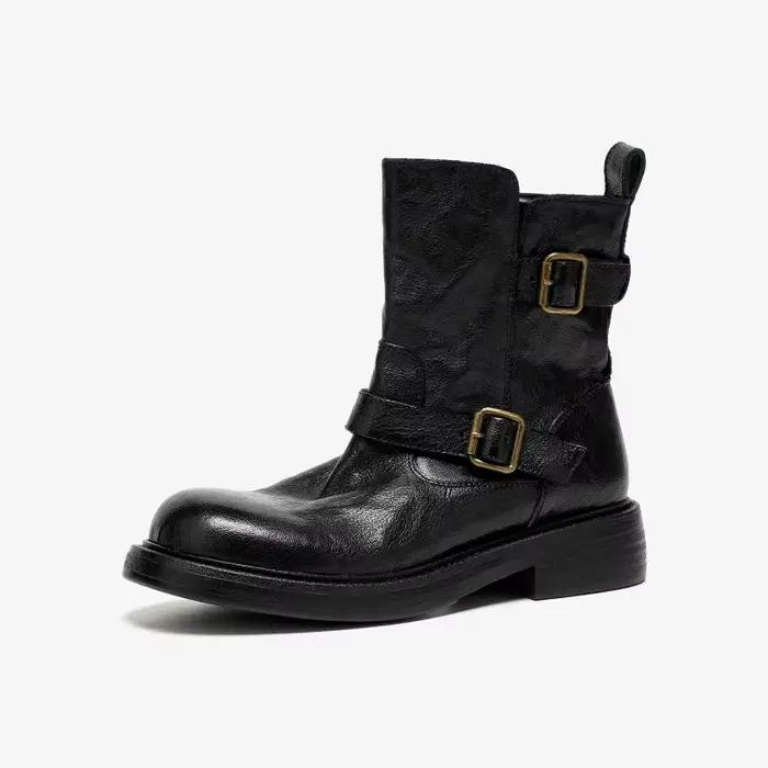 BEAUTODAY – bottines en cuir de mouton pour femmes, bout rond, décoration à boucle, chaussures d'aut