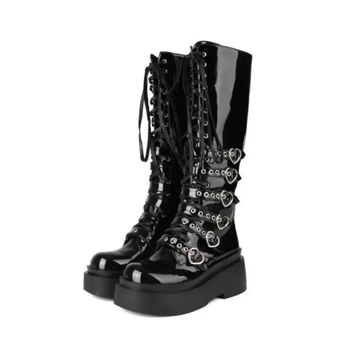 BLXQPYT bottines à plateforme pour femmes bottines à talons hauts épais Goth bout rond bottes de Com