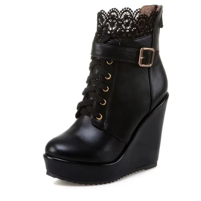 Gdgydh mode dentelle noir plate-forme bottines compensées pour les femmes à lacets chaussures de mar