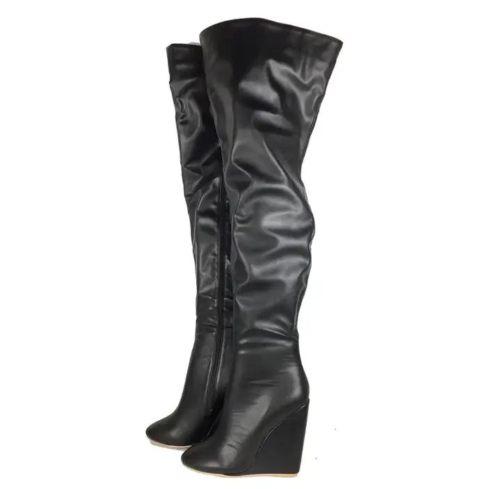Bottes noires au-dessus du genou pour femmes, bottes hautes à talon compensé avec fermeture éclair i