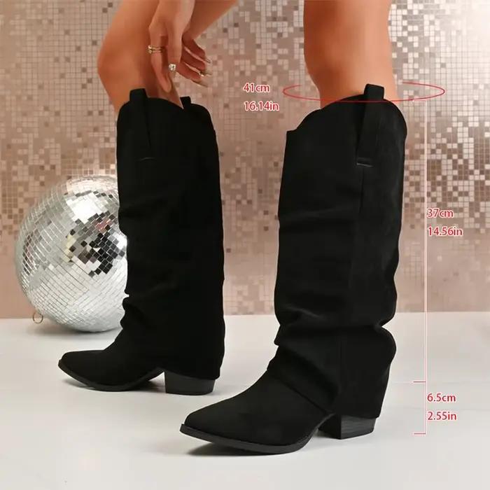 Talon épais daim genou bottes hautes femmes élégant plissé bout pointu marron bottes longues femme s