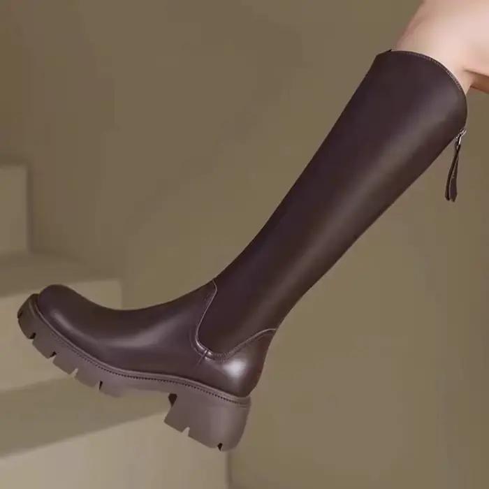Bottes longues d'hiver en cuir souple pour femmes, nouveau style tendance, polyvalentes, à semelle é
