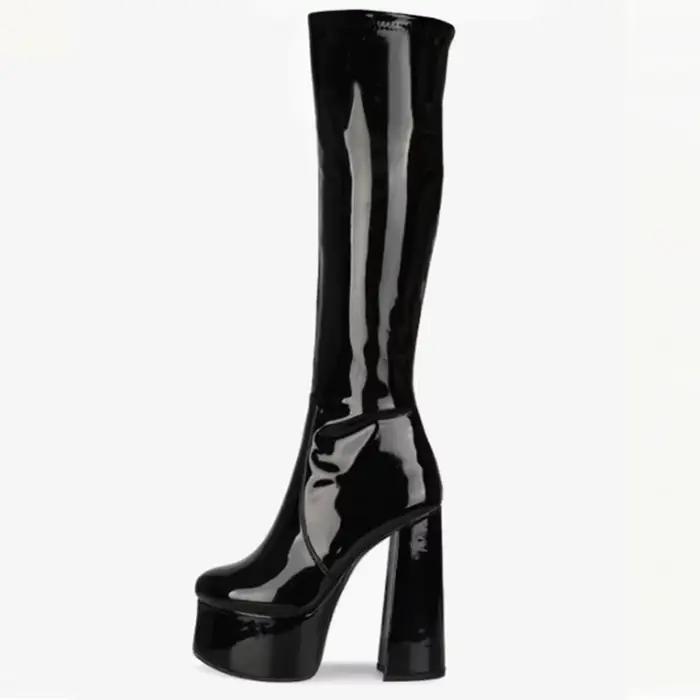 Bottes hautes pour femmes en cuir verni à talons hauts et semelles épaisses avec fermeture éclair, s