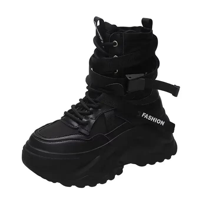Bottes de moto noires à plateforme épaisse, à lacets, vulcanisées, pour femme, automne hiver 2026, b