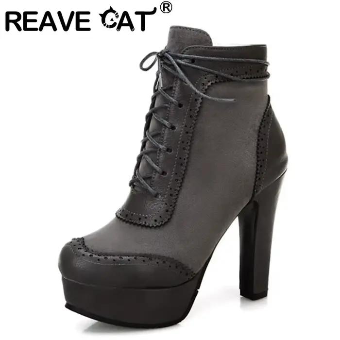 REAVE CAT bottines à lacets plates-formes troupeau bout rond talon bloc court peluche noir jaune gri