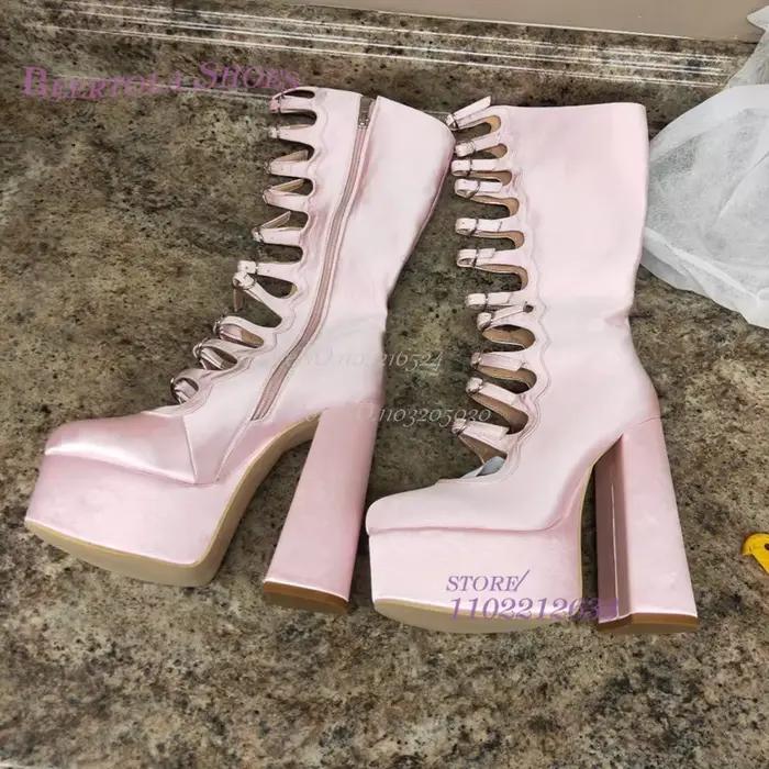 Pole Girls-Bottes à Plateforme en Satin Rose et Cuir Noir Brcorporelle, Sexy, Creux, Talon Épais, Sa