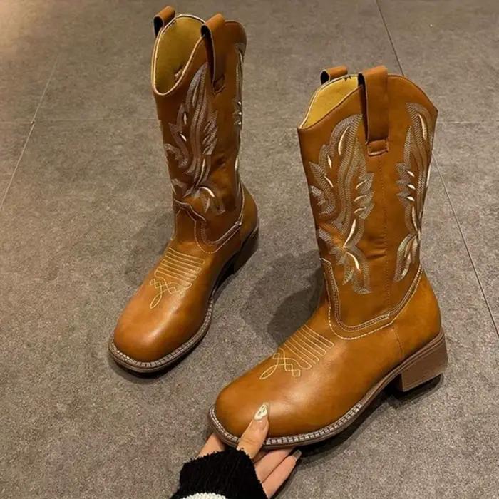 Bottes décontractées pour femmes, polyvalentes, à talon épais, brodées, à bout carré, style simple e